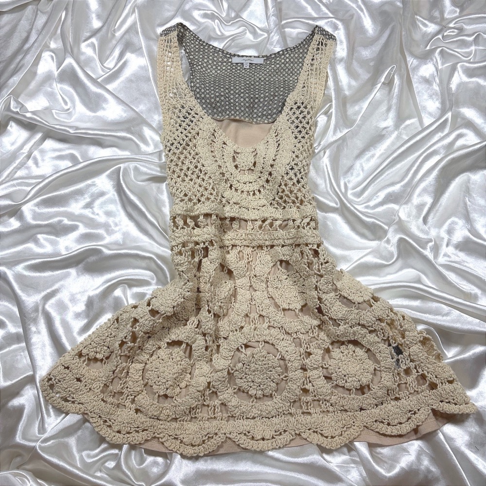 y2k Mystree Crochet Tank Top Cream Excellent Boho Floral Polka Dot Medallion M
